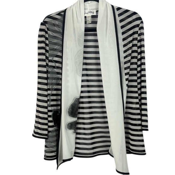 Joseph Ribkoff Floral Detailed Black and White Sheer Striped Cardigan Size 12 - Picture 1 of 10